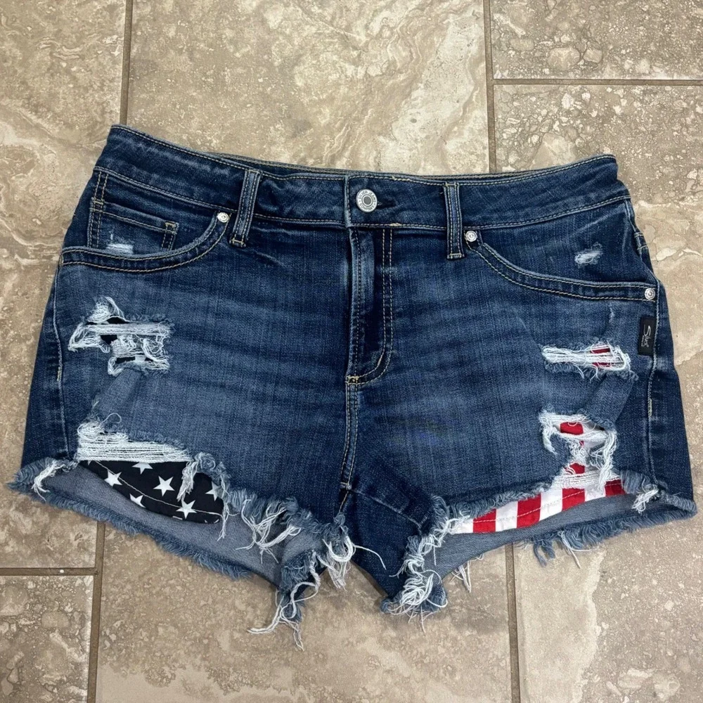 Silver Jeans Co Womens Distressed Patriotic American Flag Boyfriend Shorts W30